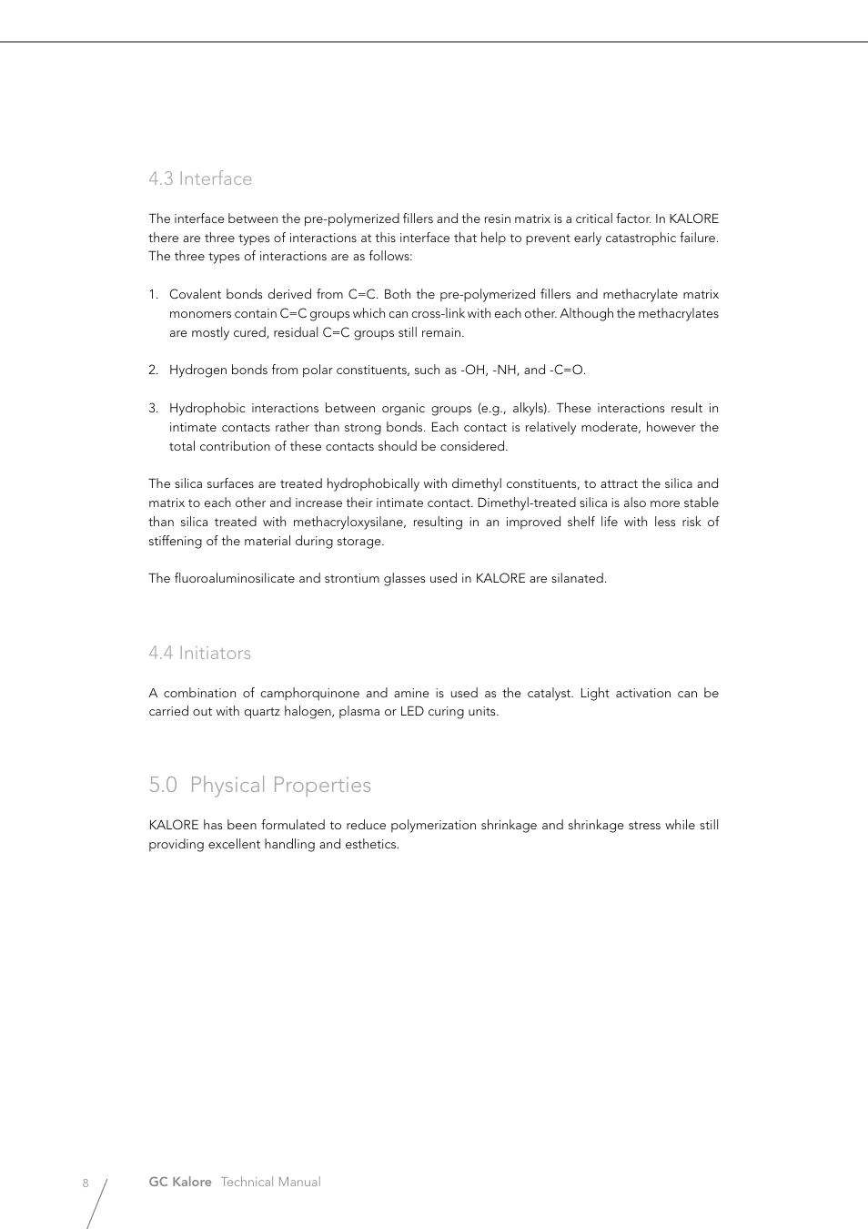 0 physical properties, 3 interface, 4 initiators | GC EUROPE Kalore User Manual | Page 8 / 44