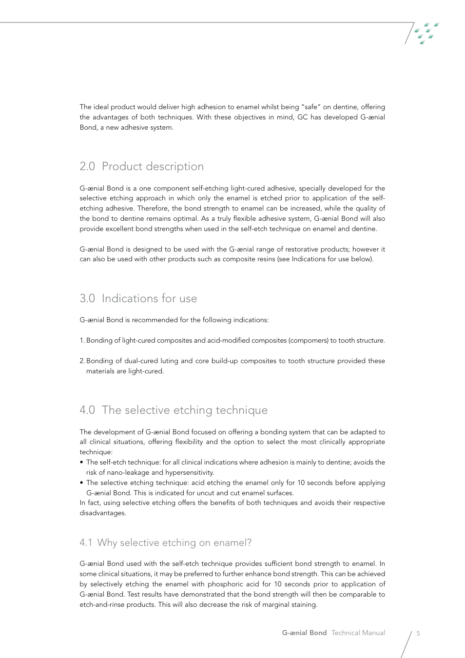 0 product description, 0 indications for use, 0 the selective etching technique | 1 why selective etching on enamel | GC EUROPE G-aenial Bond User Manual | Page 5 / 48