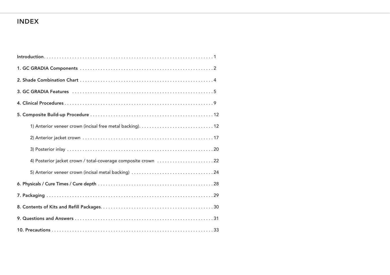 Index | GC EUROPE GRADIA User Manual | Page 2 / 36