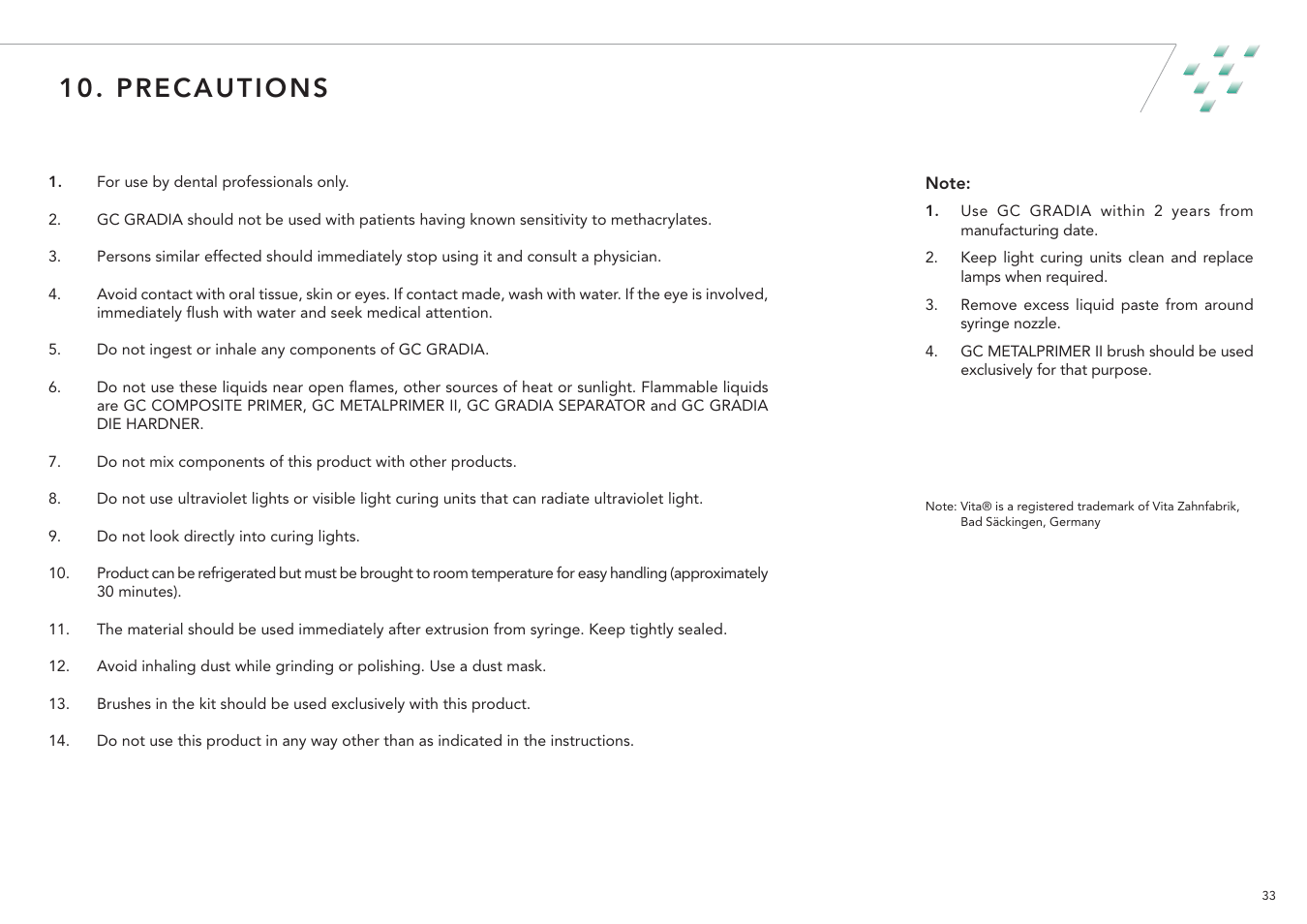 Precautions | GC EUROPE GRADIA User Manual | Page 35 / 36