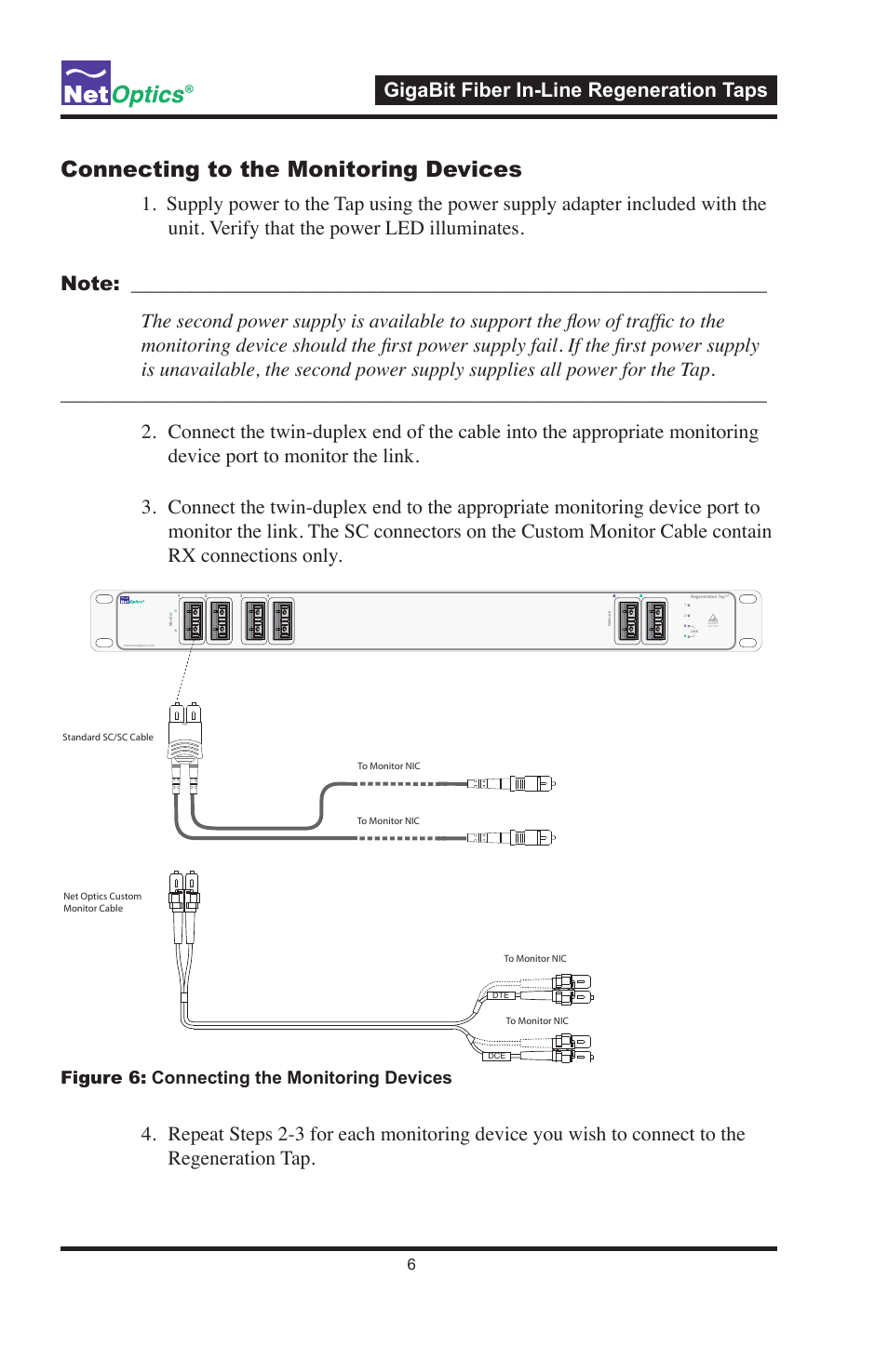 Connecting to the monitoring devices, Gigabit fiber in-line regeneration taps, Figure 6: connecting the monitoring devices | Net Optics GigaBit Fiber In-Line Regeneration Tap User Manual | Page 10 / 16