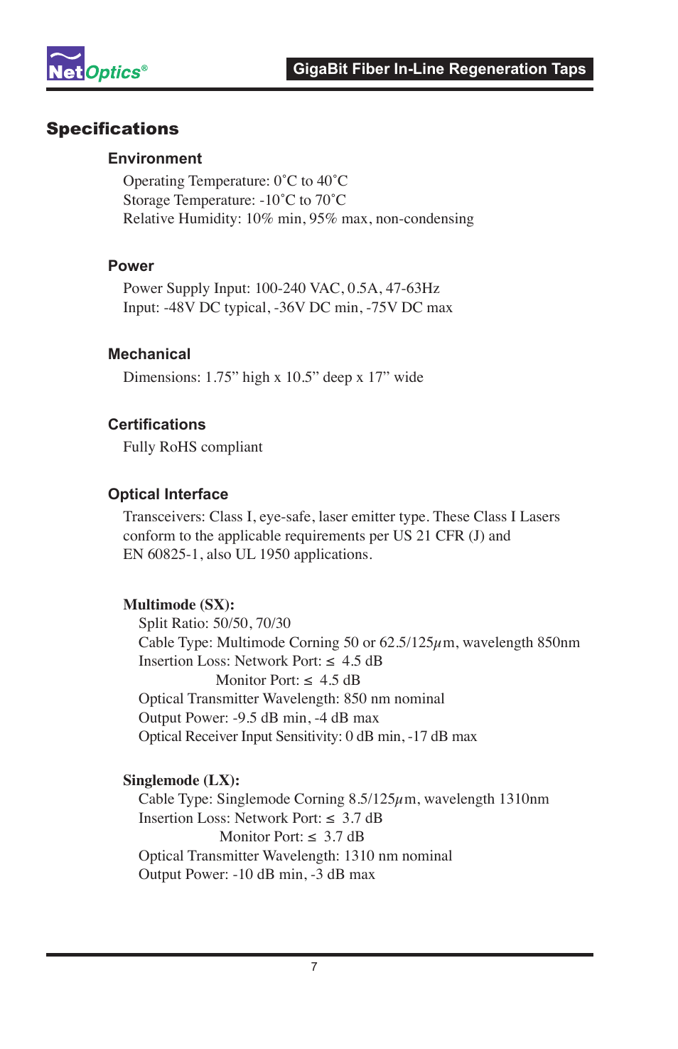 Net Optics GigaBit Fiber In-Line Regeneration Tap User Manual | Page 11 / 16