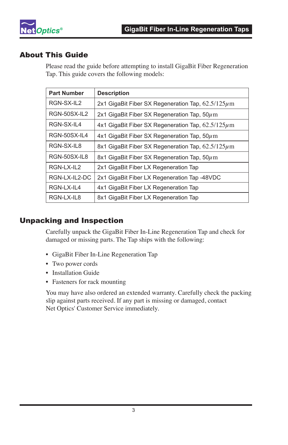 About this guide, Unpacking and inspection | Net Optics GigaBit Fiber In-Line Regeneration Tap User Manual | Page 7 / 16