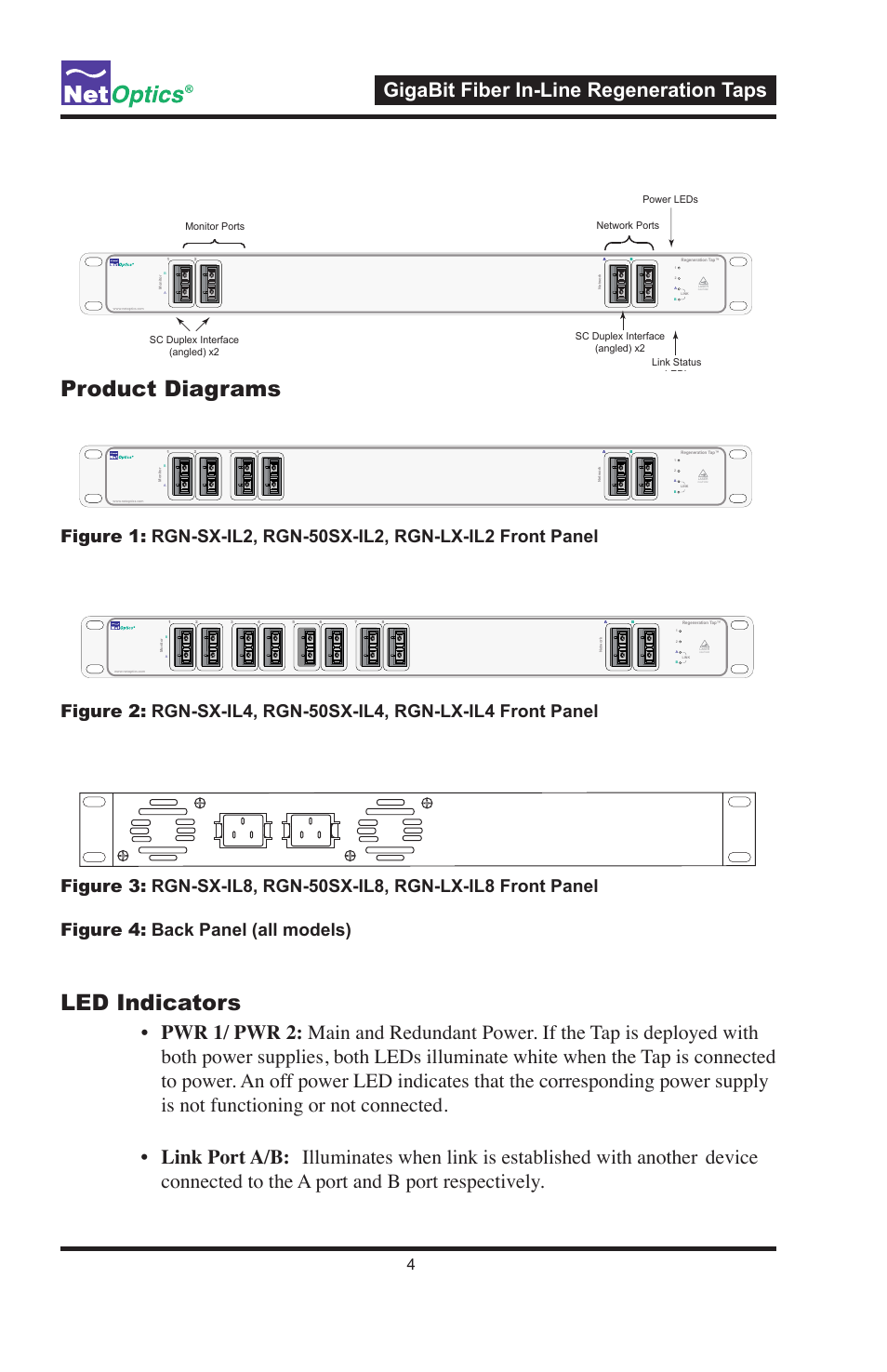 Product diagrams, Led indicators, Gigabit fiber in-line regeneration taps | Net Optics GigaBit Fiber In-Line Regeneration Tap User Manual | Page 8 / 16