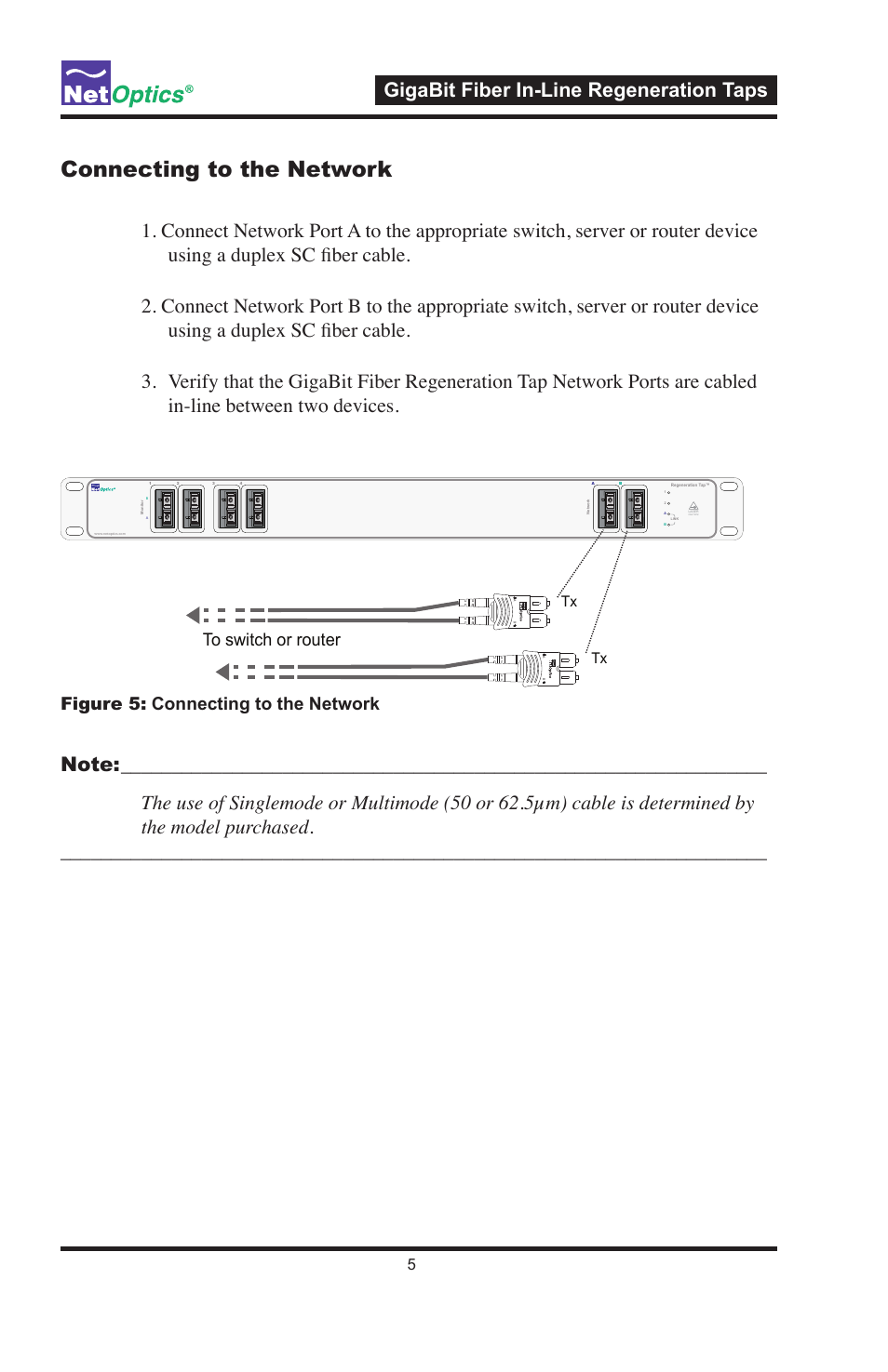 Connecting to the network, Gigabit fiber in-line regeneration taps, Figure 5: connecting to the network | Net Optics GigaBit Fiber In-Line Regeneration Tap User Manual | Page 9 / 16
