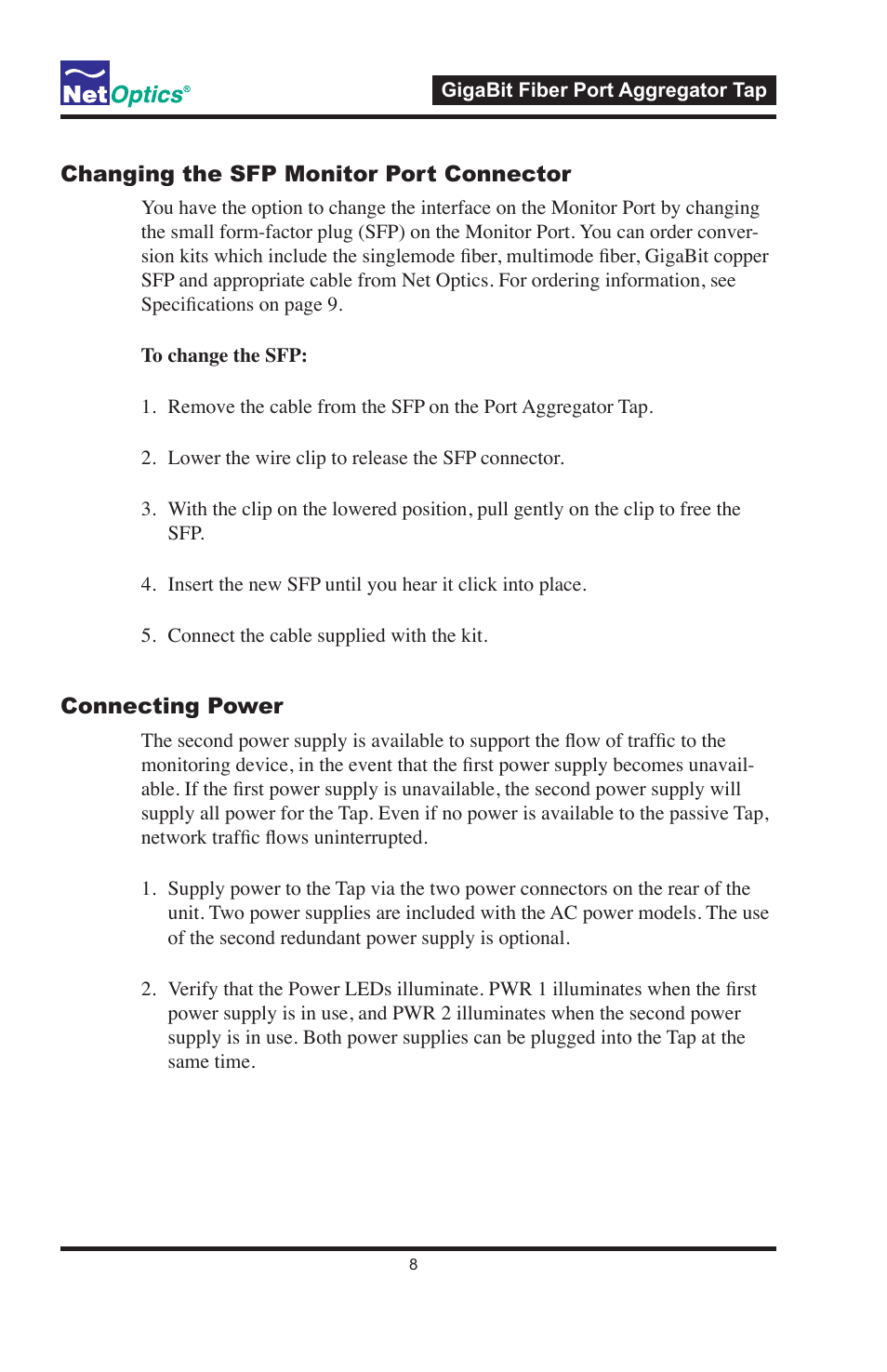 Net Optics GigaBit Fiber SFP Port Aggregator Tap User Manual | Page 12 / 16