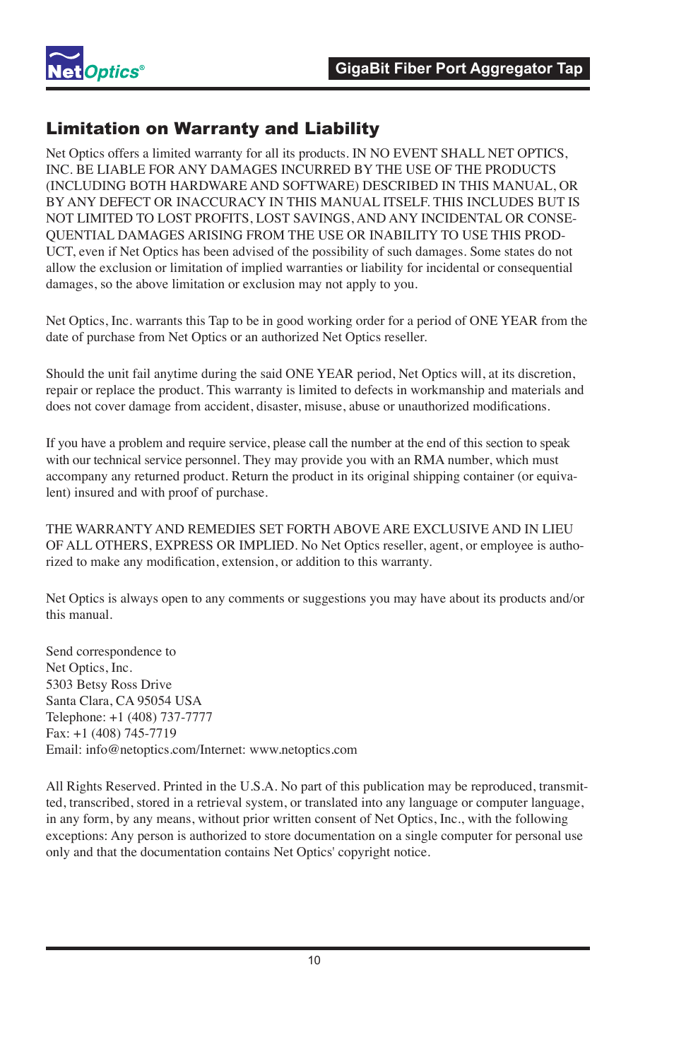 Limitation on warranty and liability | Net Optics GigaBit Fiber SFP Port Aggregator Tap User Manual | Page 14 / 16