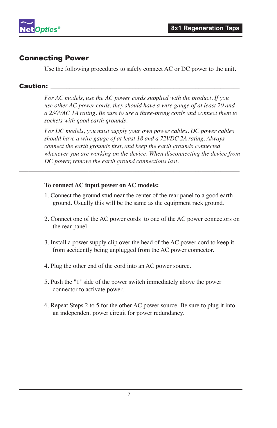 Connecting power | Net Optics 8x1 Regeneration Taps User Manual | Page 10 / 16