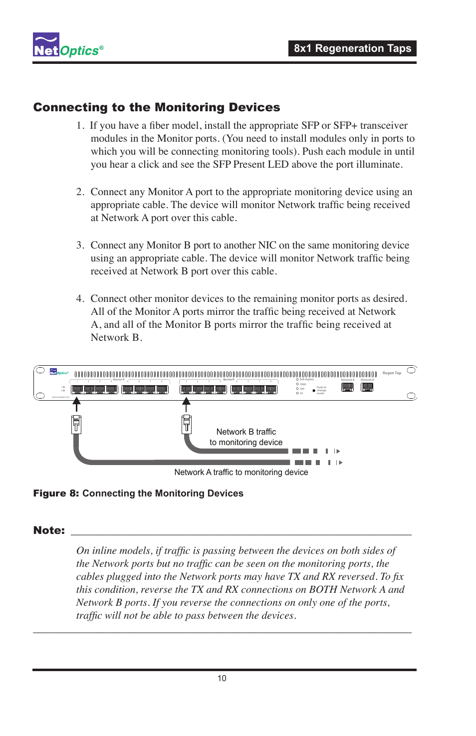 Connecting to the monitoring devices, 8x1 regeneration taps | Net Optics 8x1 Regeneration Taps User Manual | Page 13 / 16