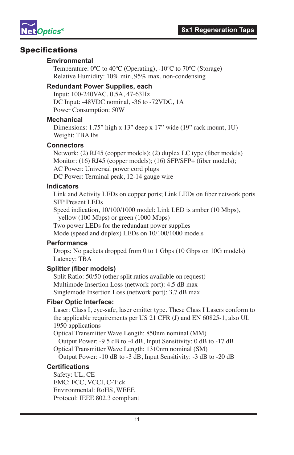 Specifications | Net Optics 8x1 Regeneration Taps User Manual | Page 14 / 16