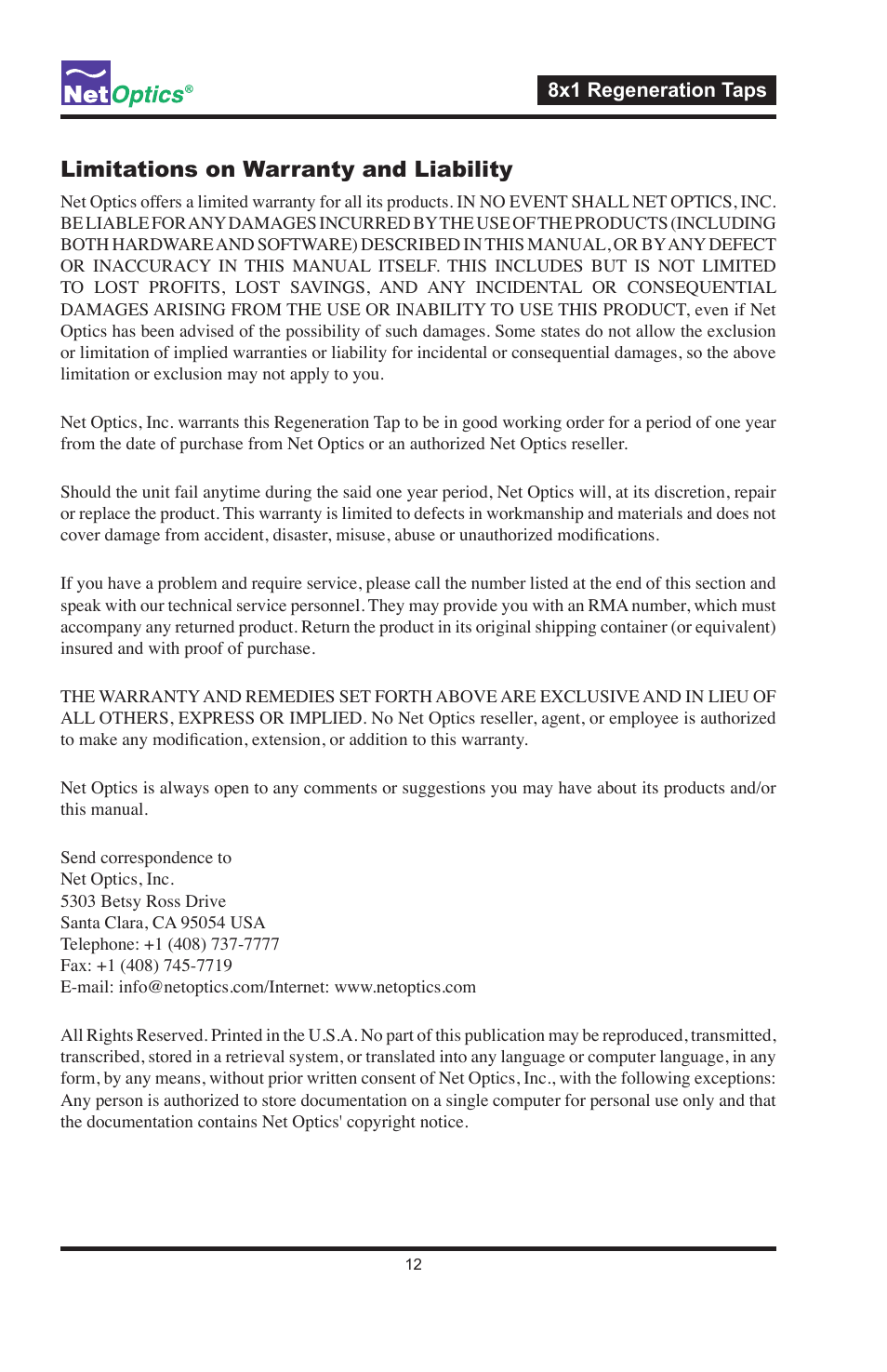 Limitations on warranty and liability | Net Optics 8x1 Regeneration Taps User Manual | Page 15 / 16