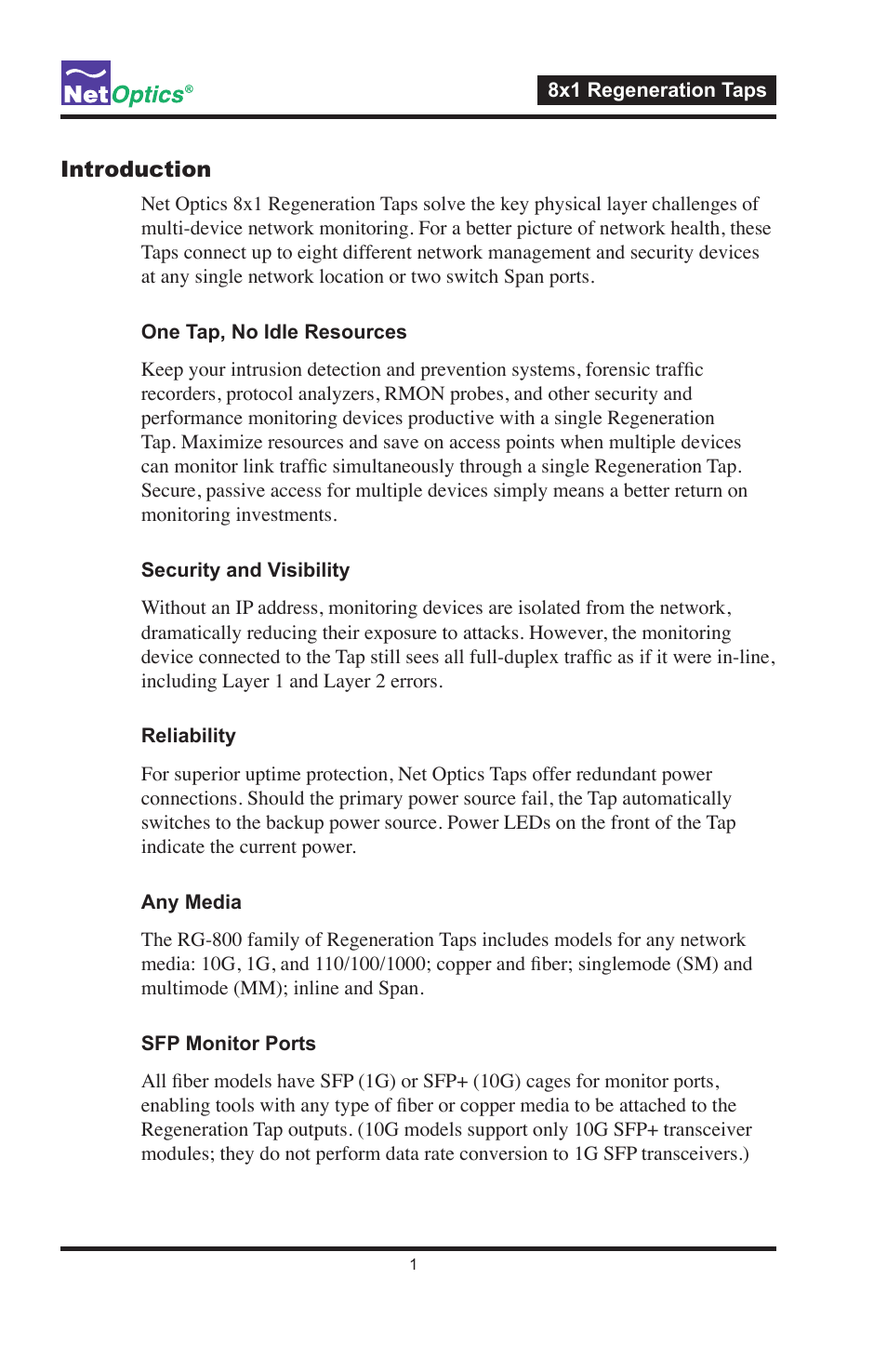 Introduction | Net Optics 8x1 Regeneration Taps User Manual | Page 4 / 16