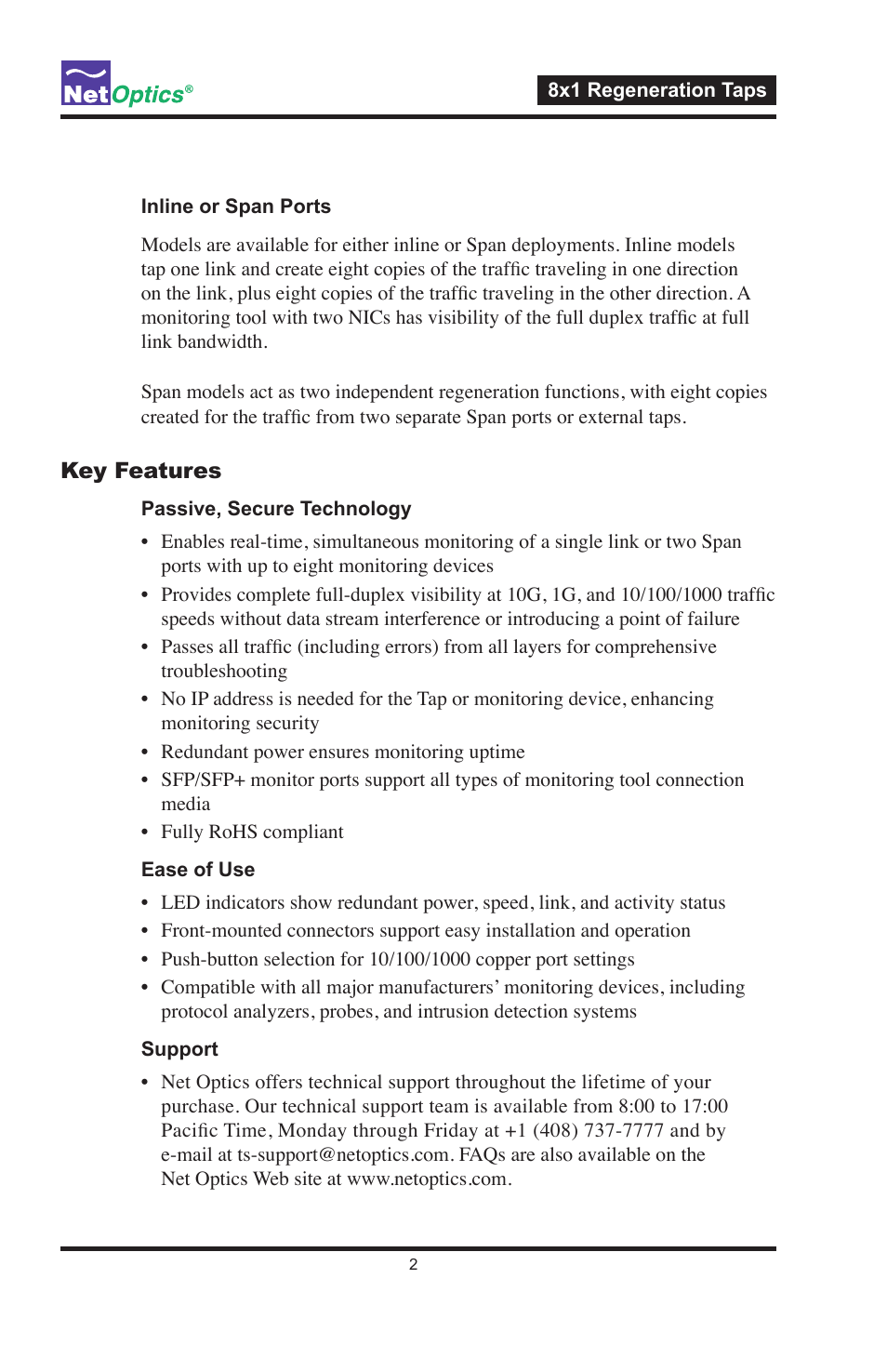 Key features | Net Optics 8x1 Regeneration Taps User Manual | Page 5 / 16