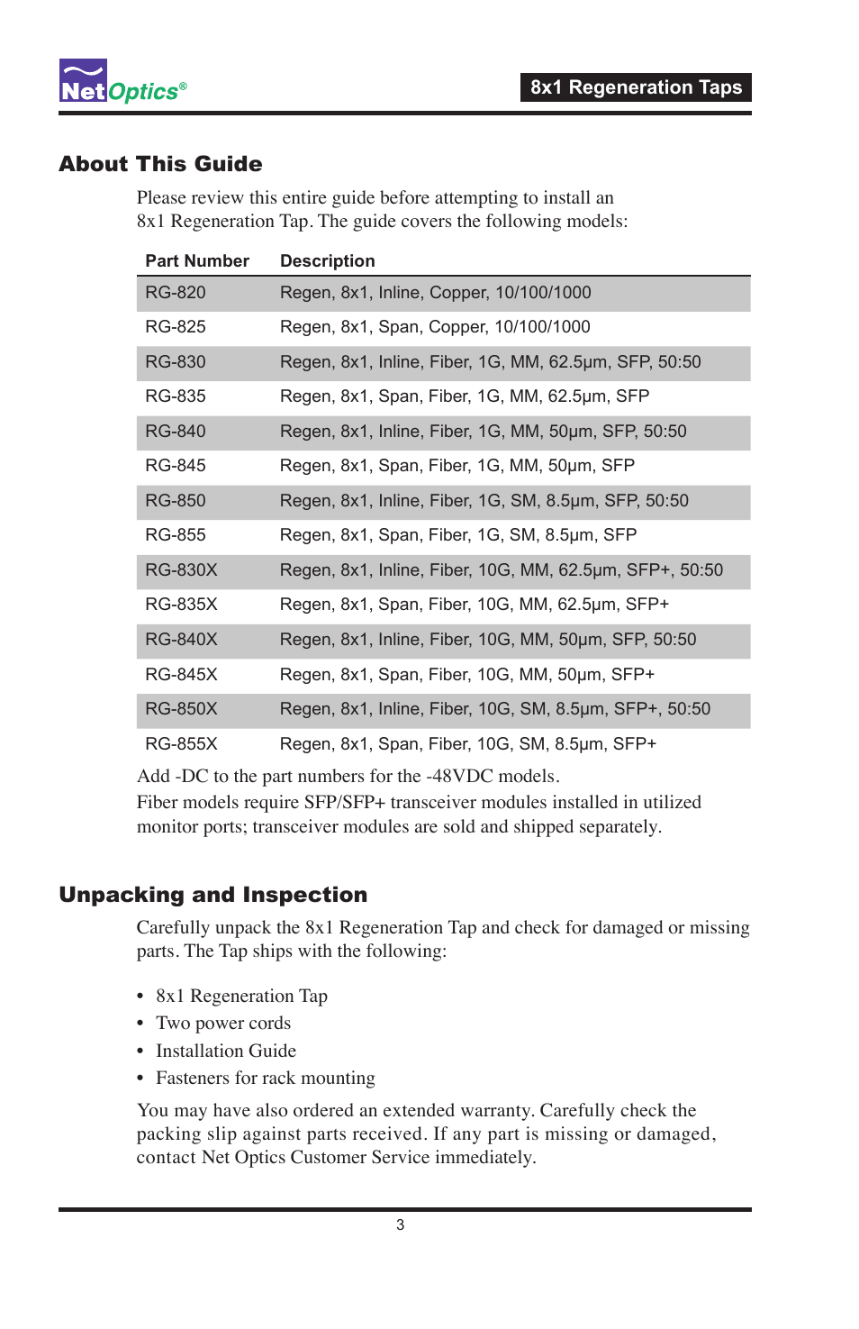 About this guide, Unpacking and inspection | Net Optics 8x1 Regeneration Taps User Manual | Page 6 / 16