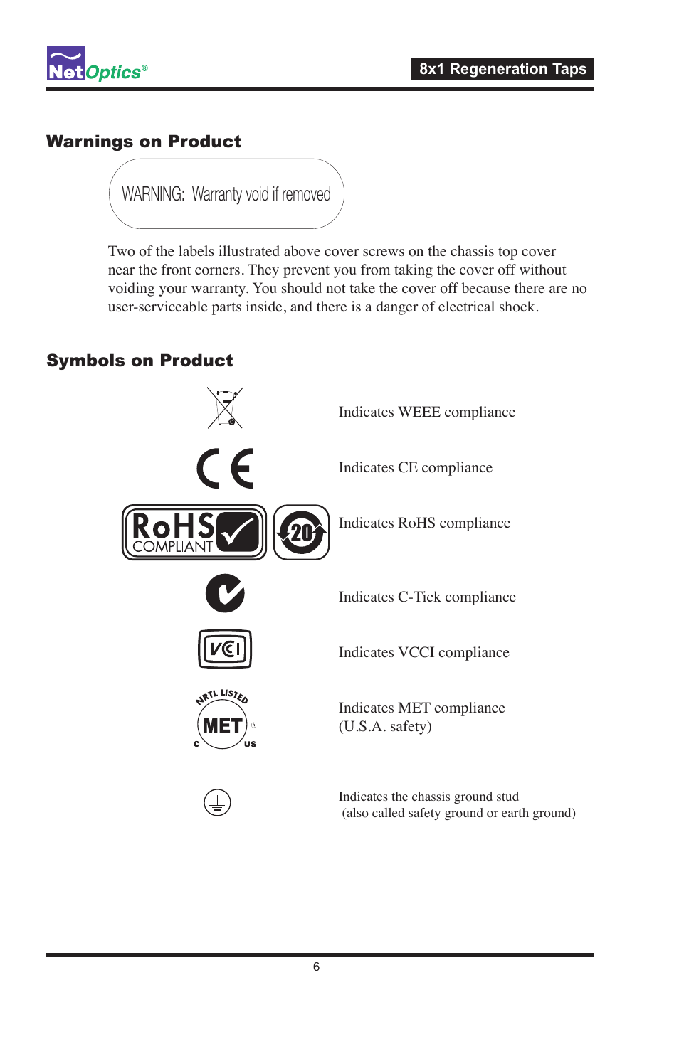 Warnings on product, Symbols on product, O@<ch.$) | 5” x 1” compliancy label w/ met, A*$';@+$)h;<h$(.hdh*$ (h.?l=d;?h*$km4m3$n)o | Net Optics 8x1 Regeneration Taps User Manual | Page 9 / 16