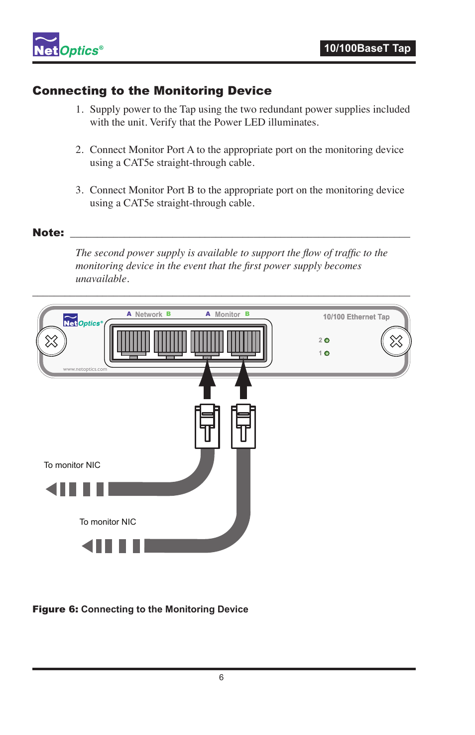 Connecting to the monitoring device | Net Optics 10_100BaseT Tap User Manual | Page 10 / 16