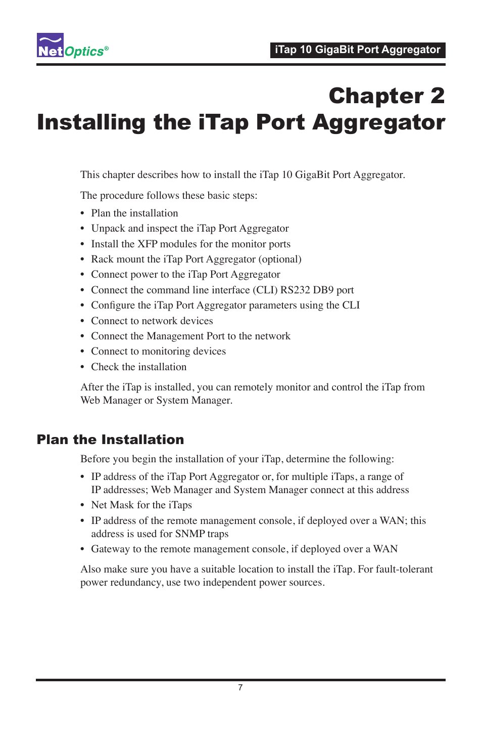 Chapter 2 installing the itap port aggregator | Net Optics iTap 10 GigaBit Port Aggregator User Manual | Page 11 / 64