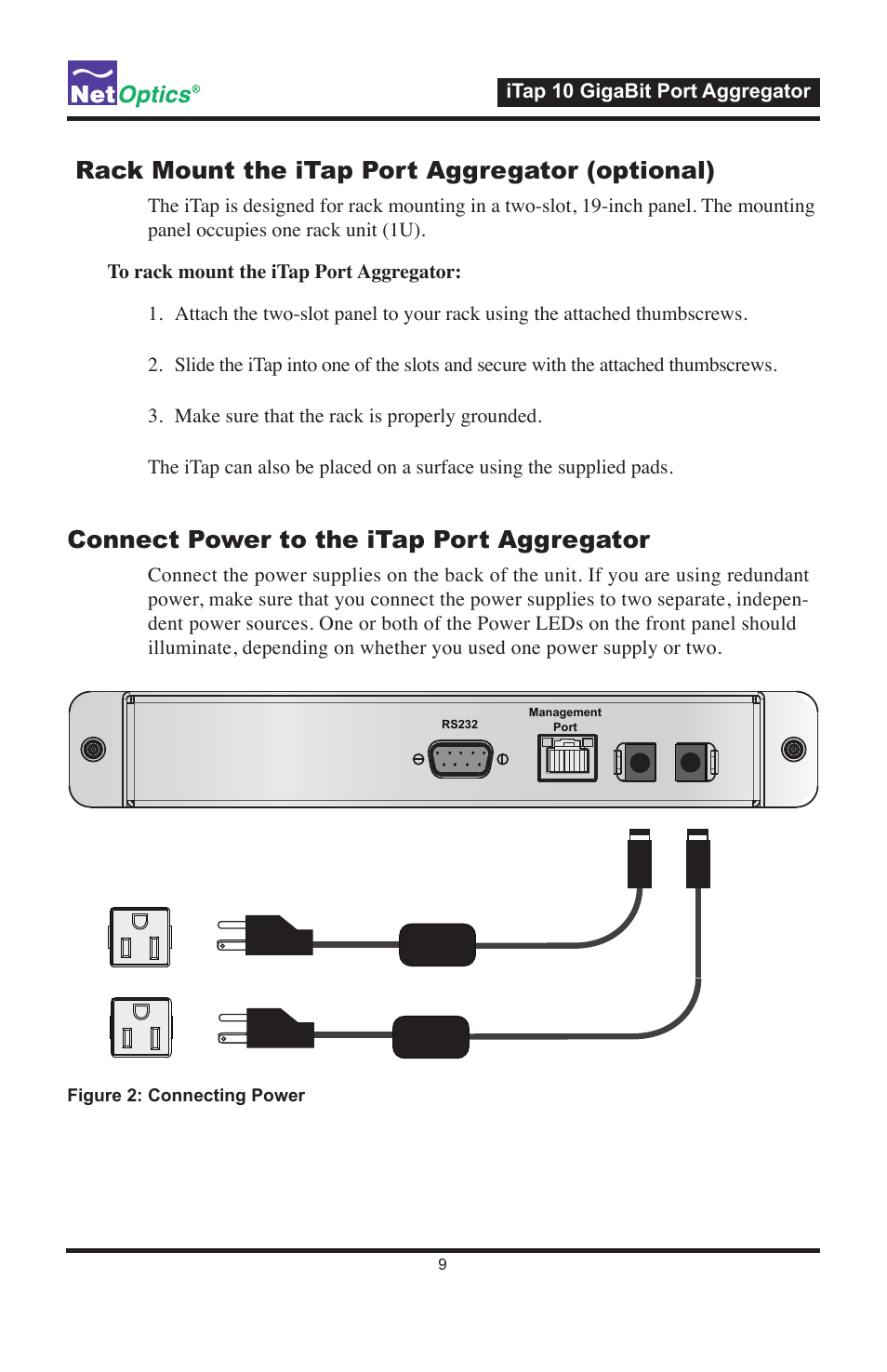 Rack mount the itap port aggregator (optional), Connect power to the itap port aggregator | Net Optics iTap 10 GigaBit Port Aggregator User Manual | Page 13 / 64