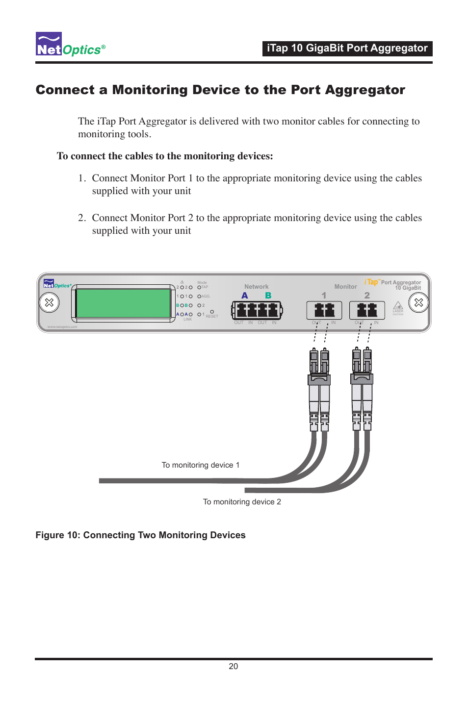Connect a monitoring device to the port aggregator, Itap 10 gigabit port aggregator, Figure 10: connecting two monitoring devices | Ab 1 2 | Net Optics iTap 10 GigaBit Port Aggregator User Manual | Page 24 / 64