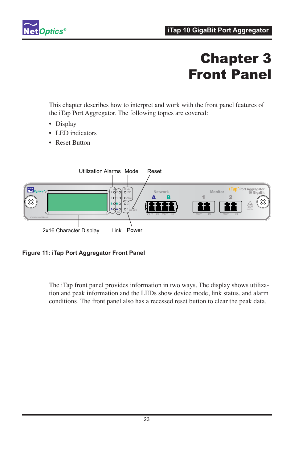 Chapter 3 front panel, Itap 10 gigabit port aggregator, Figure 11: itap port aggregator front panel | Ab 1 2 | Net Optics iTap 10 GigaBit Port Aggregator User Manual | Page 27 / 64