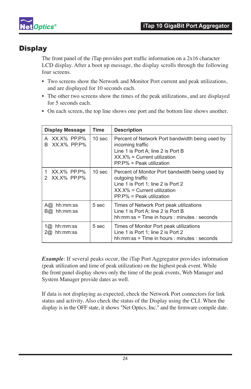 Display | Net Optics iTap 10 GigaBit Port Aggregator User Manual | Page 28 / 64