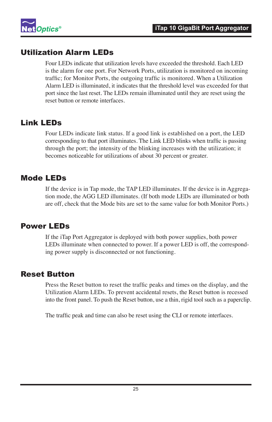 Utilization alarm leds, Link leds, Mode leds | Power leds, Reset button | Net Optics iTap 10 GigaBit Port Aggregator User Manual | Page 29 / 64