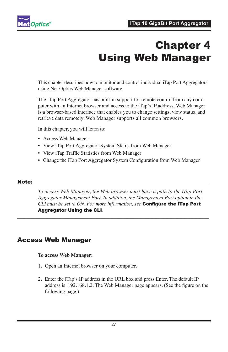 Chapter 4 using web manager, Access web manager | Net Optics iTap 10 GigaBit Port Aggregator User Manual | Page 31 / 64