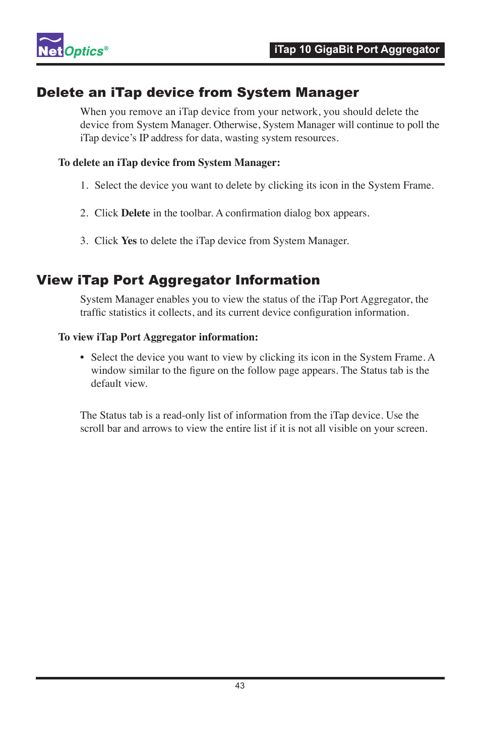 Delete an itap device from system manager, View itap port aggregator information | Net Optics iTap 10 GigaBit Port Aggregator User Manual | Page 47 / 64