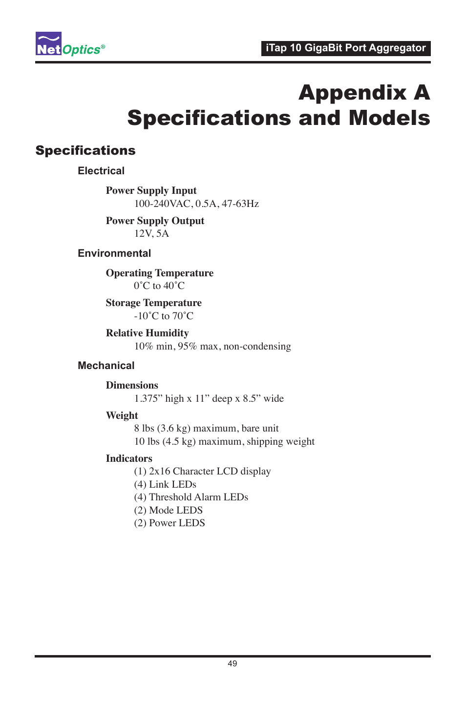 Appendix a specifications and models, Specifications | Net Optics iTap 10 GigaBit Port Aggregator User Manual | Page 53 / 64