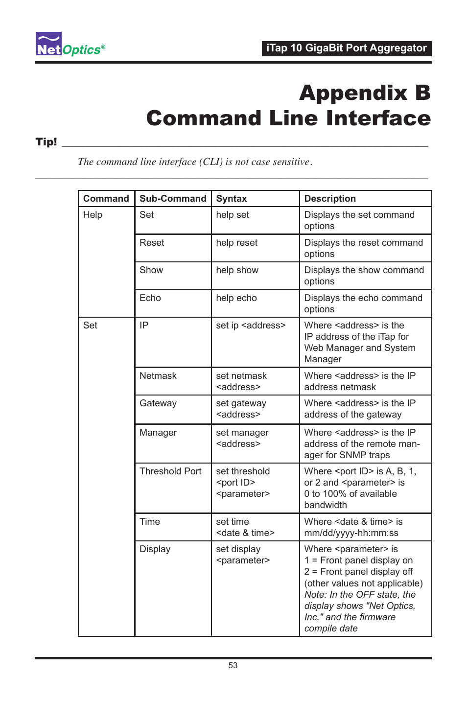 Appendix b command line interface | Net Optics iTap 10 GigaBit Port Aggregator User Manual | Page 57 / 64