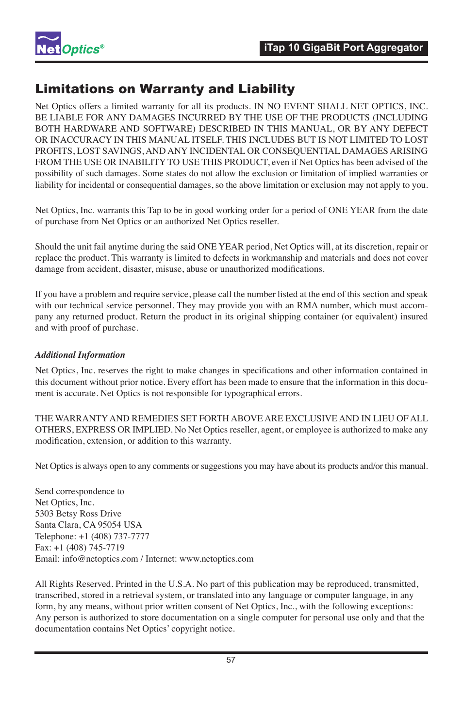 Limitations on warranty and liability | Net Optics iTap 10 GigaBit Port Aggregator User Manual | Page 61 / 64