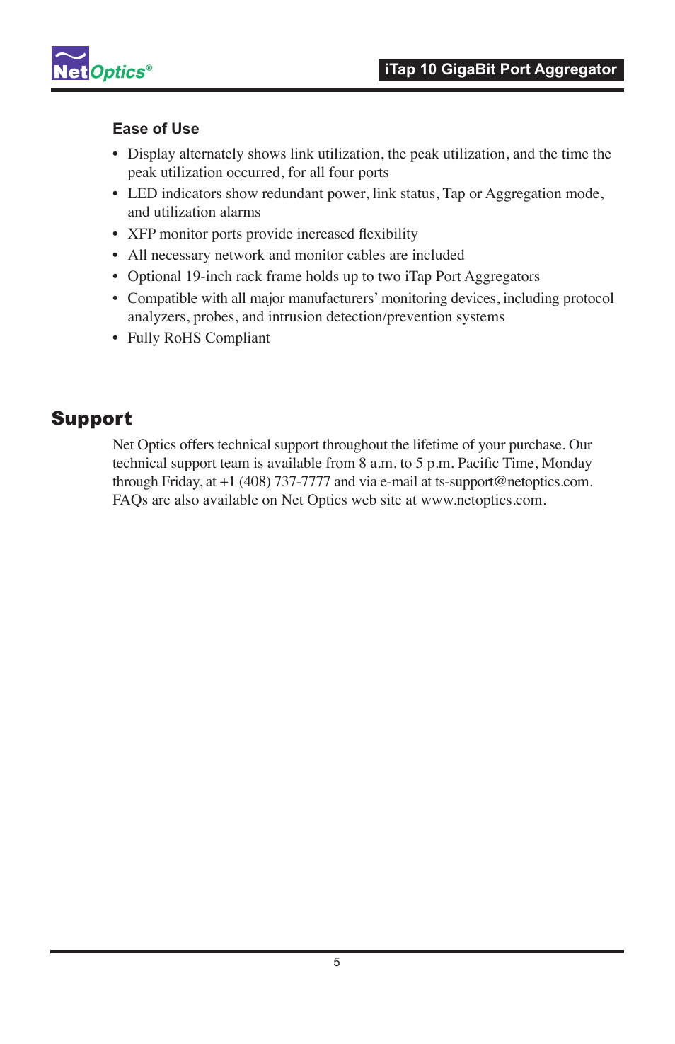 Support | Net Optics iTap 10 GigaBit Port Aggregator User Manual | Page 9 / 64