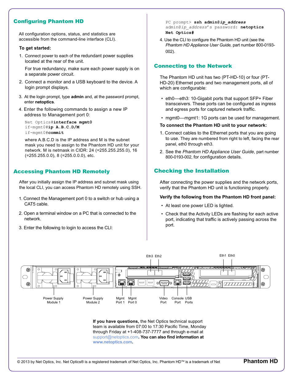 Phantom hd, Connecting to the network, Checking the installation | Configuring phantom hd, Accessing phantom hd remotely | Net Optics Phantom HD User Manual | Page 2 / 2