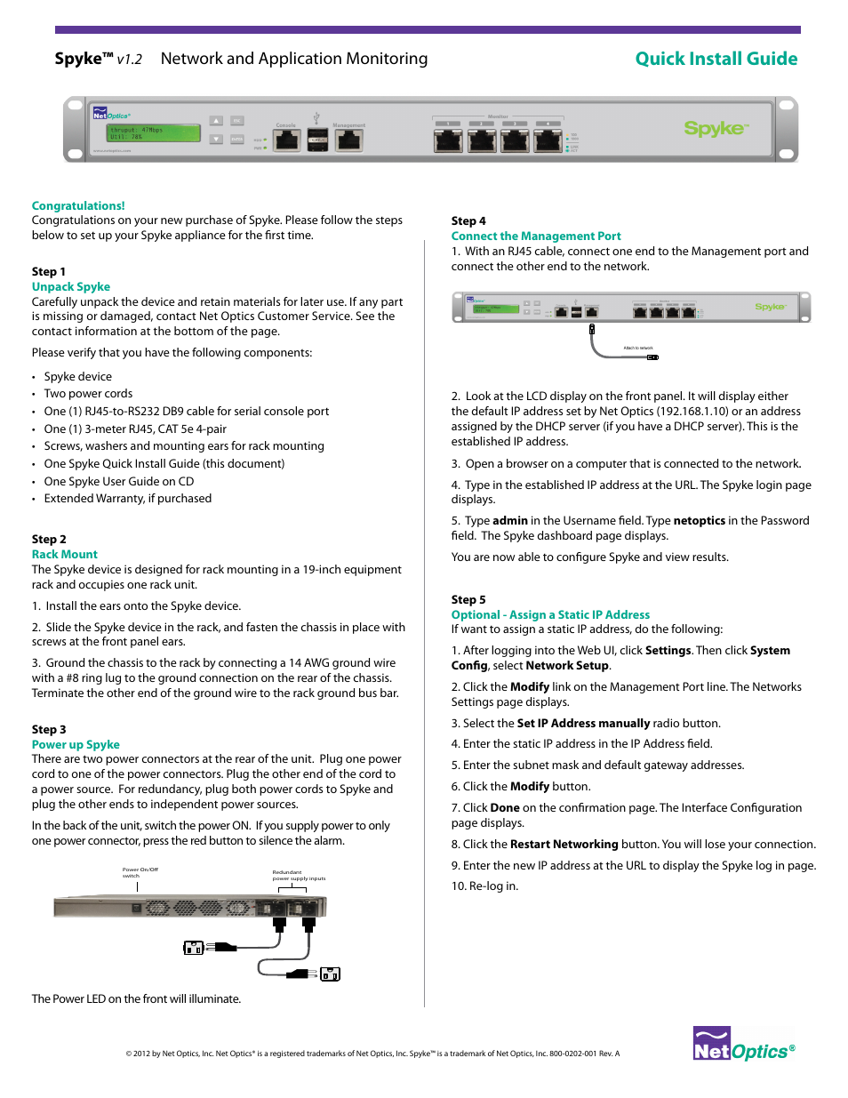Net Optics Spyke v1.2 User Manual | 1 page