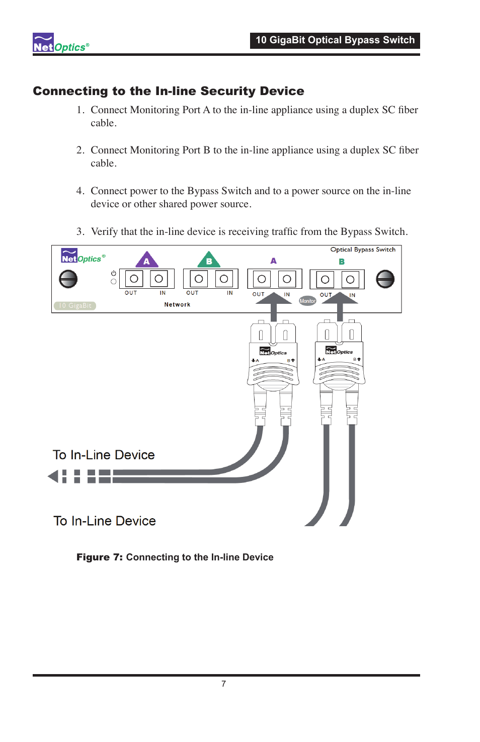 Connecting to the in-line security device | Net Optics 10 GigaBit Optical Bypass Switch User Manual | Page 11 / 16