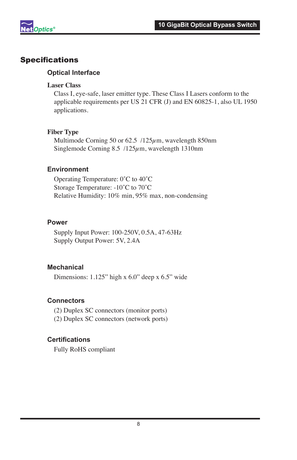 Net Optics 10 GigaBit Optical Bypass Switch User Manual | Page 12 / 16