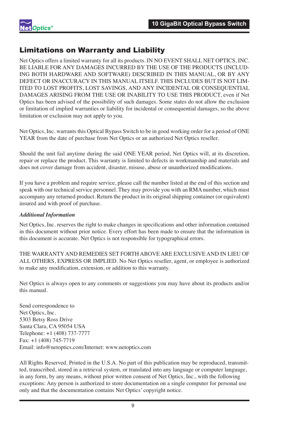 Limitations on warranty and liability | Net Optics 10 GigaBit Optical Bypass Switch User Manual | Page 13 / 16