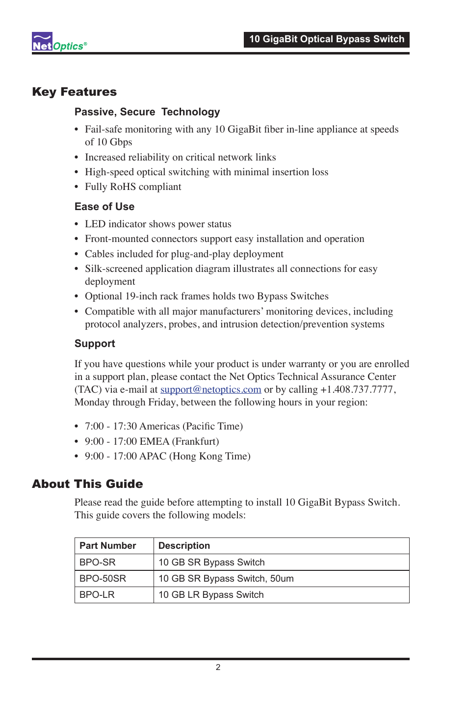 Key features, About this guide | Net Optics 10 GigaBit Optical Bypass Switch User Manual | Page 6 / 16