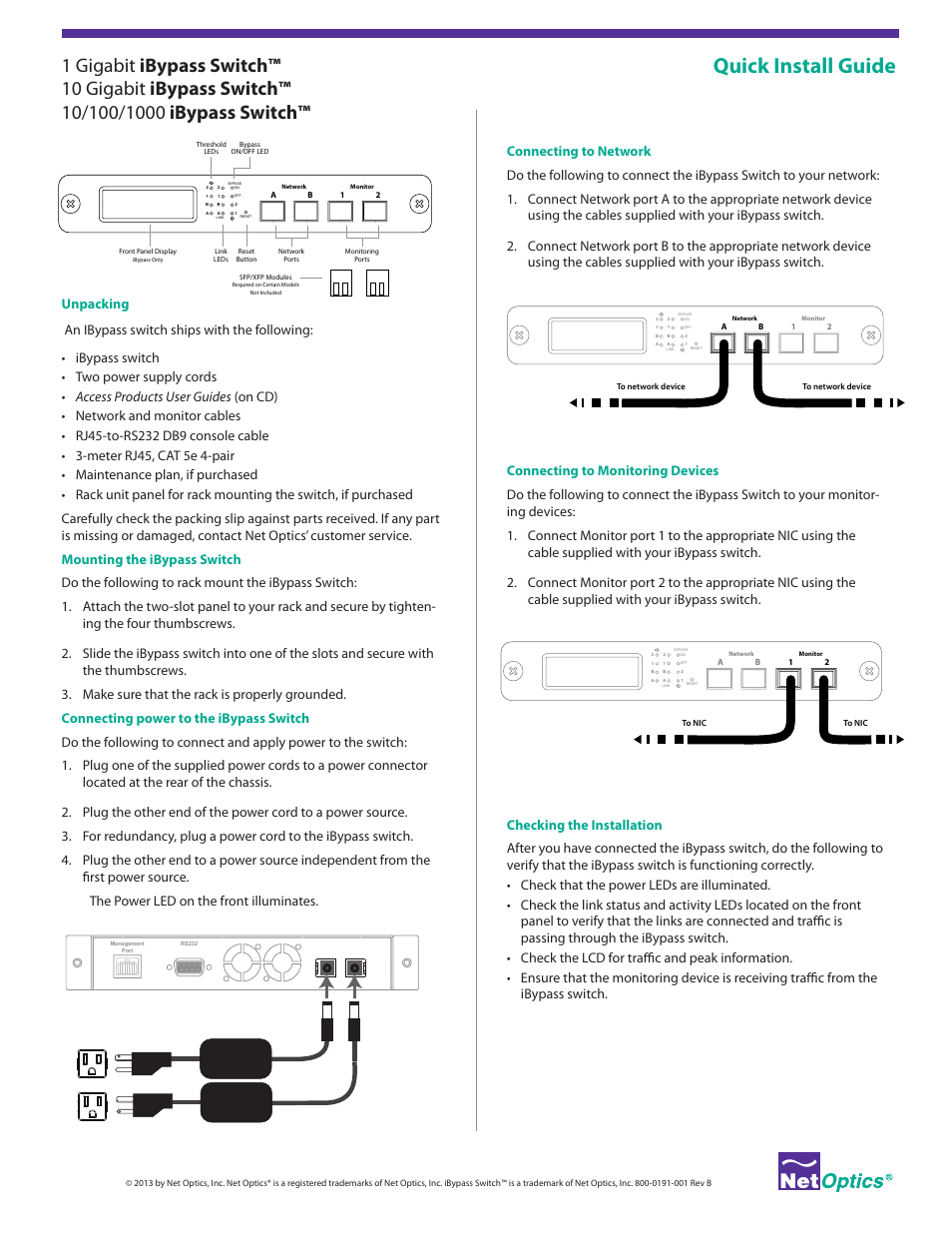 Net Optics iBypass Switch 1_10_100_1000 Gigabit User Manual | 2 pages