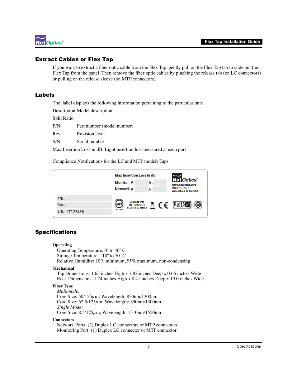 Extract cables or flex tap, Labels, Specifications | Extract cables or flex tap labels specifications | Net Optics Flex Tap User Manual | Page 10 / 13