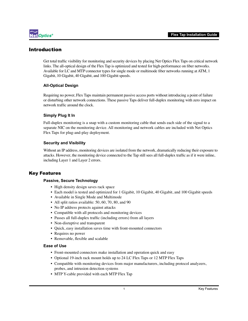 Introduction, Key features, Introduction key features | Net Optics Flex Tap User Manual | Page 5 / 13