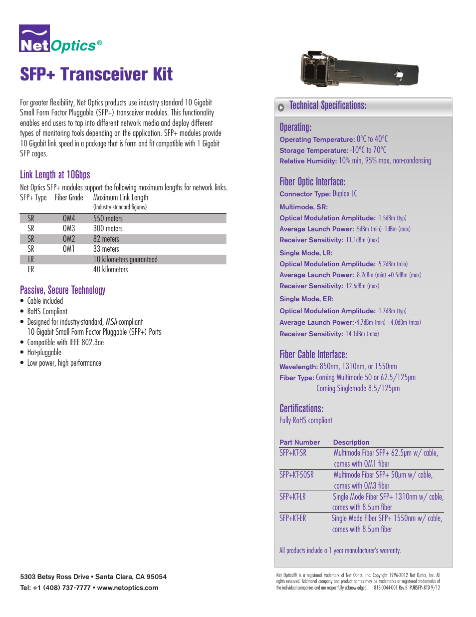 Net Optics SFP+ Transceiver Kit User Manual | 1 page