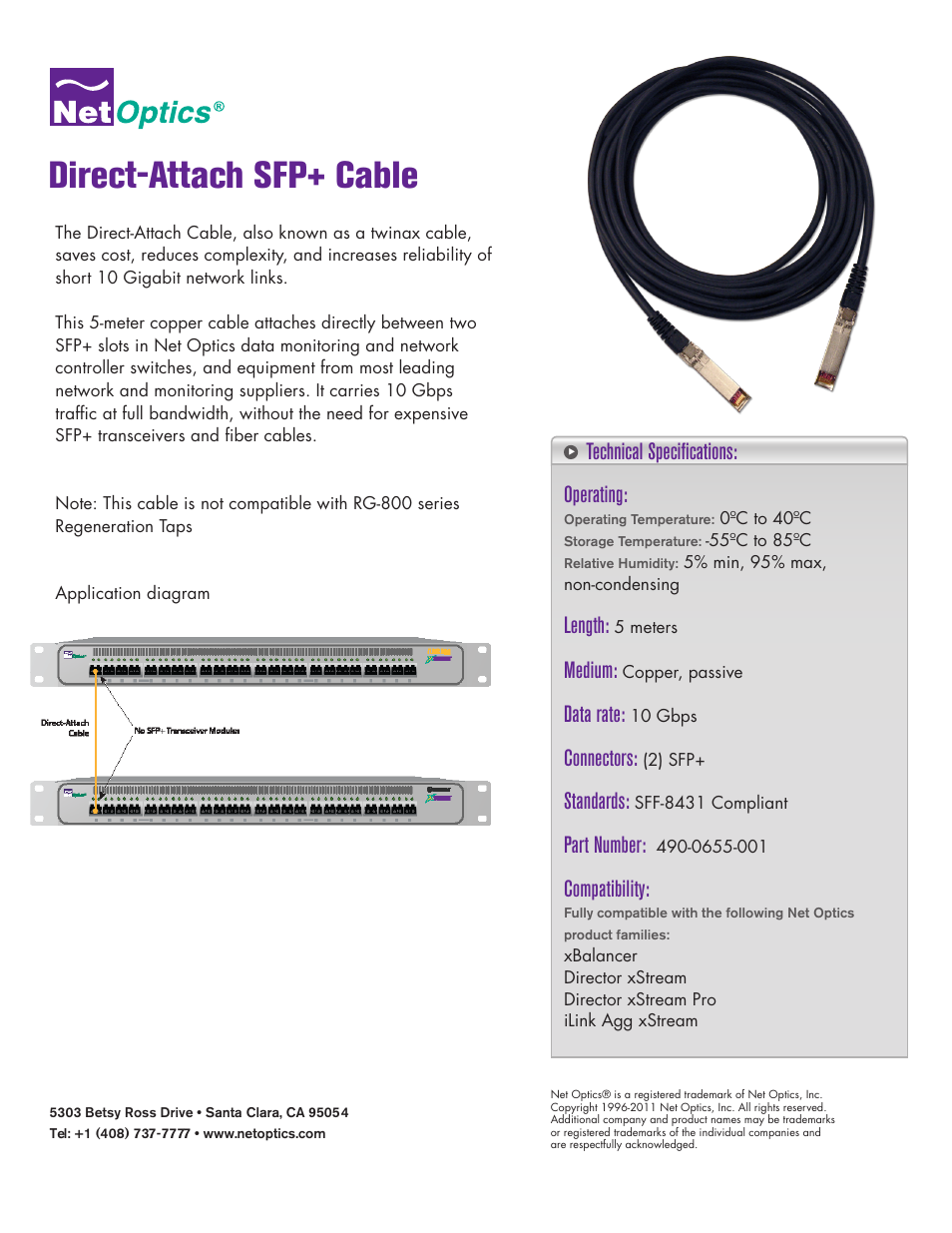 Net Optics Direct-Attach SFP+ Cable User Manual | 1 page
