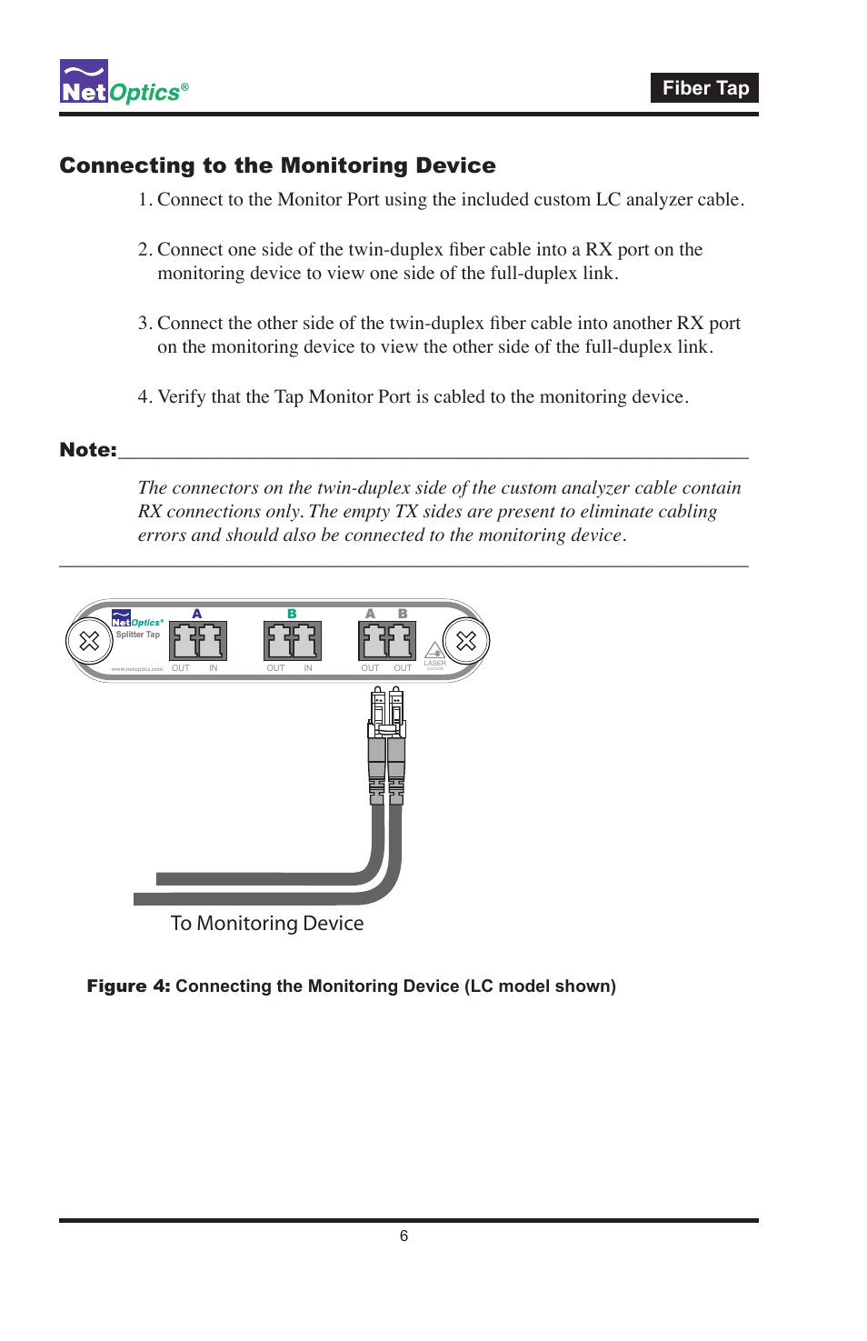 Connecting to the monitoring device, Fiber tap | Net Optics Fiber Taps User Manual | Page 10 / 14