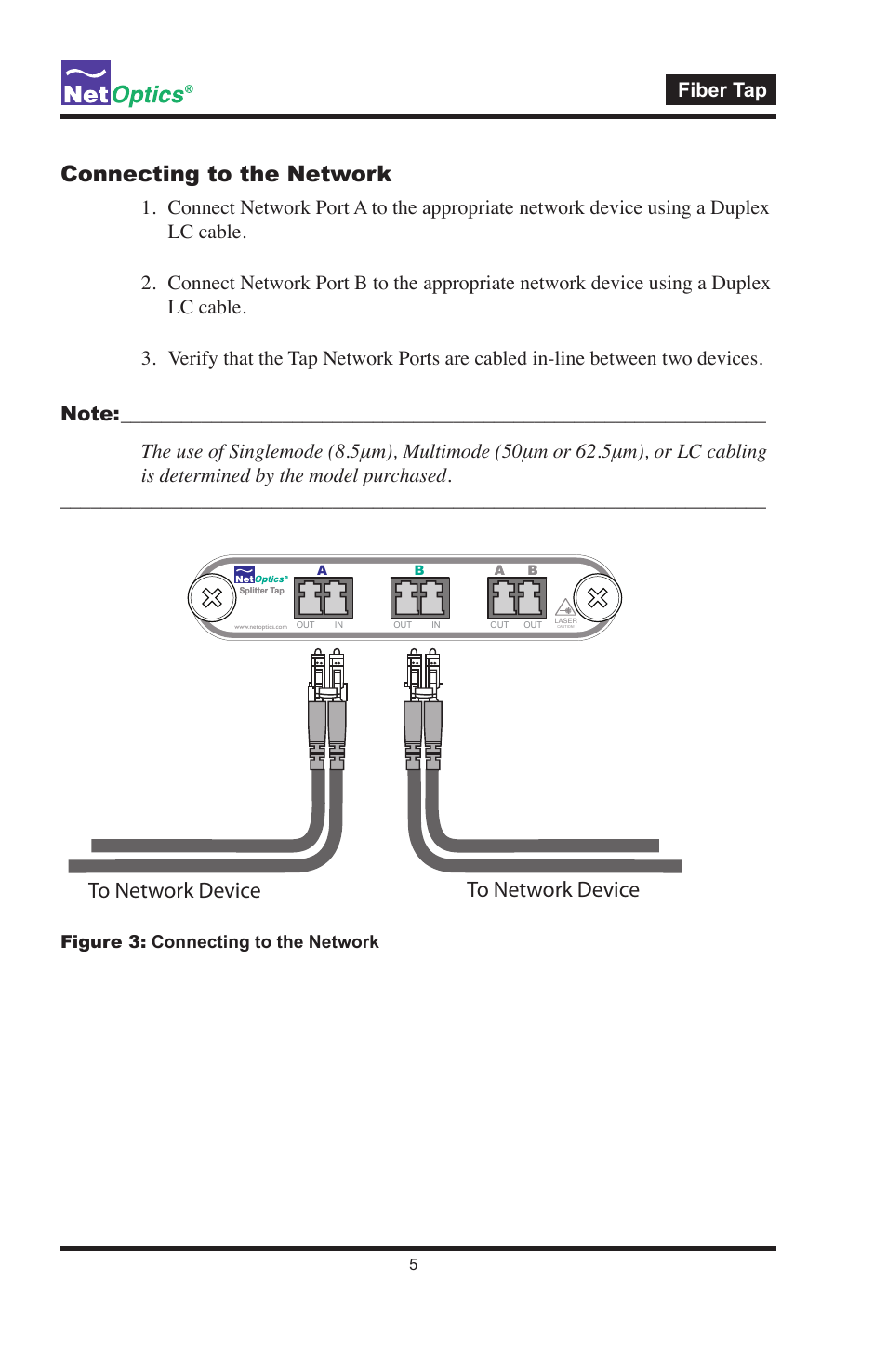 Connecting to the network, Fiber tap, Figure 3: connecting to the network | Net Optics Fiber Taps User Manual | Page 9 / 14