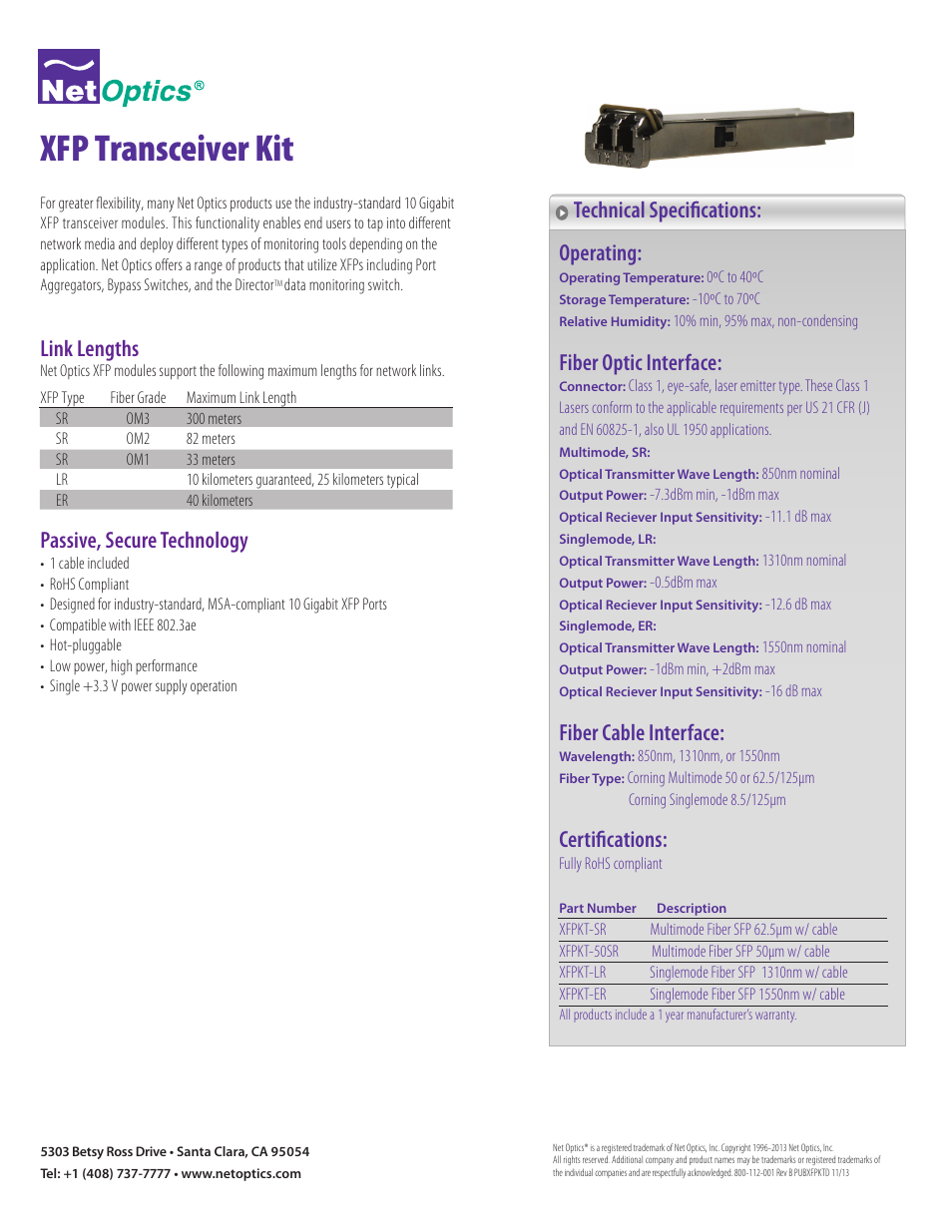 Net Optics XFP Transceiver Kit User Manual | 1 page