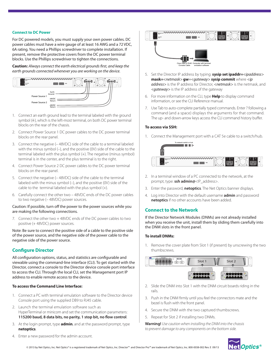 Connect to the network, Configure director, Laser caution | For use with -48v only | Net Optics Director Pro User Manual | Page 2 / 4