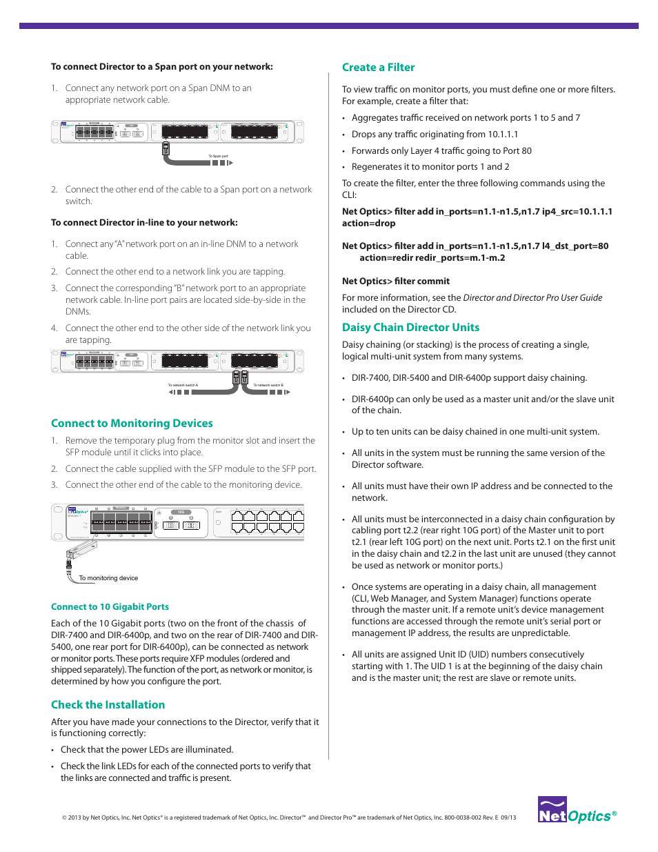 Connect to monitoring devices, Check the installation, Create a filter | Daisy chain director units, Laser caution, Caution | Net Optics Director Pro User Manual | Page 3 / 4