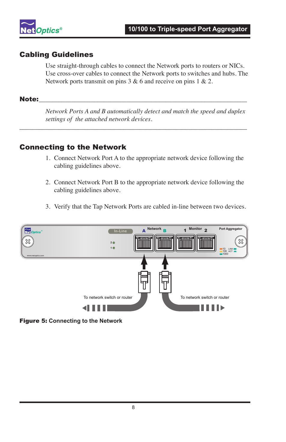 Cabling guidelines, Connecting to the network, Figure 5: connecting to the network | Net Optics 10_100 to Triple-speed Port Aggregator User Manual | Page 12 / 16