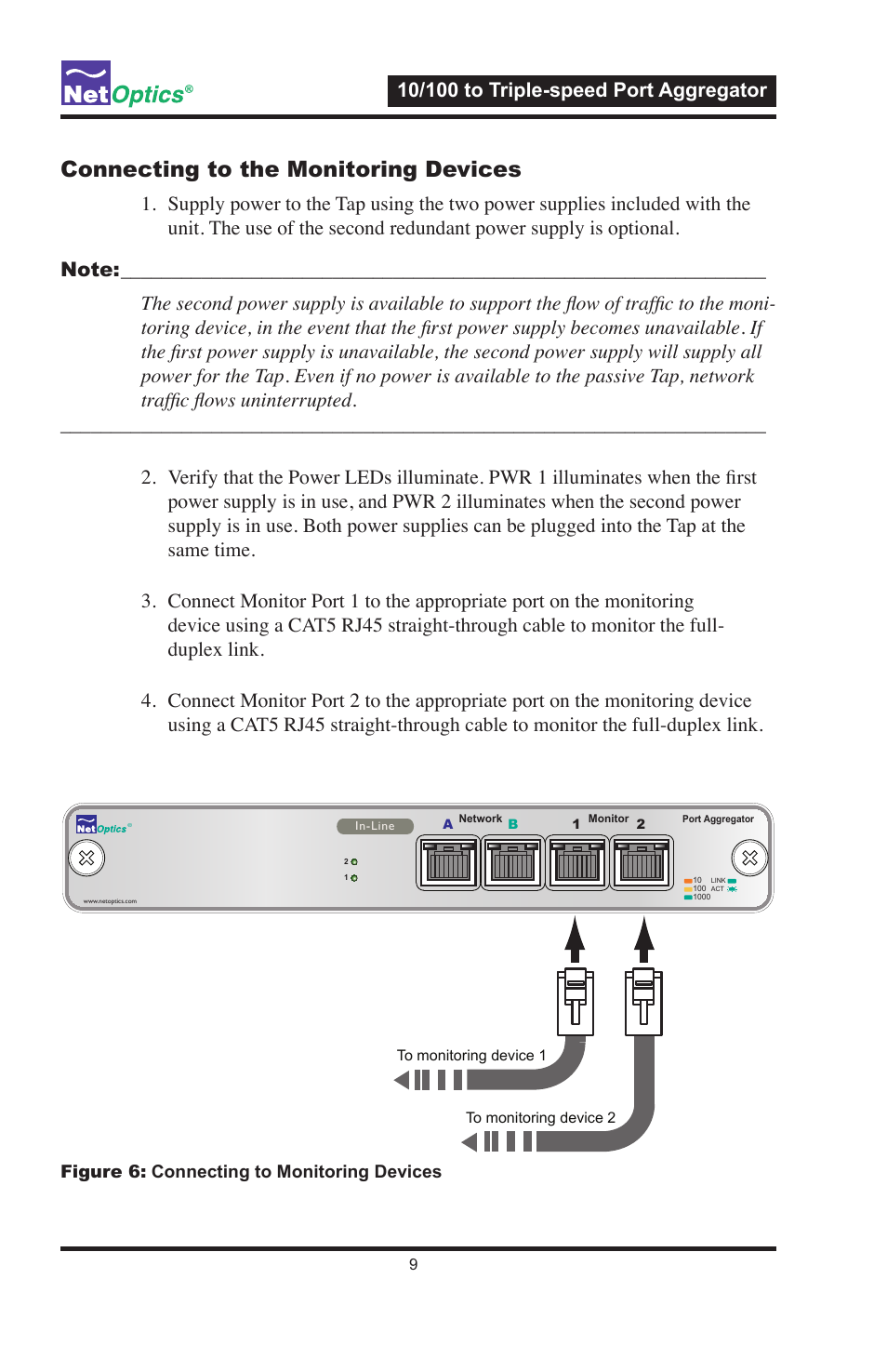 Connecting to the monitoring devices | Net Optics 10_100 to Triple-speed Port Aggregator User Manual | Page 13 / 16